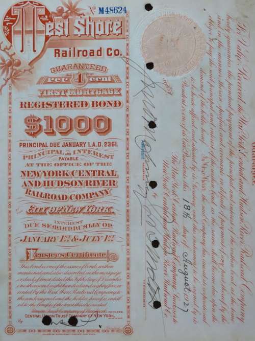 1927 West Shore Railroad Company, $1000 Bond Certificate M48624
