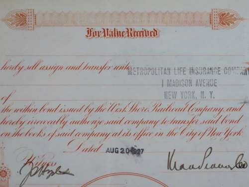 1927 West Shore Railroad Company, $1000 Bond Certificate M48623