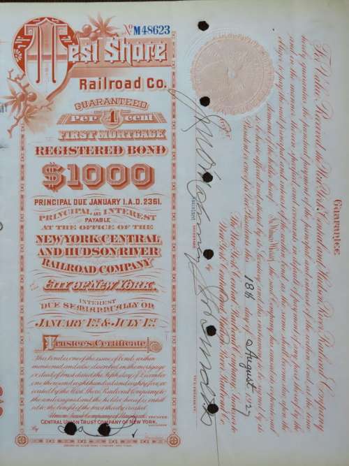 1927 West Shore Railroad Company, $1000 Bond Certificate M48623