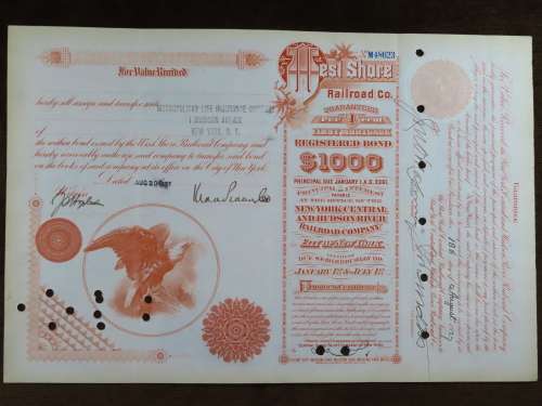 1927 West Shore Railroad Company, $1000 Bond Certificate M48623