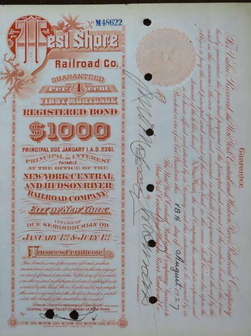 1927 West Shore Railroad Company, $1000 Bond Certificate M48622