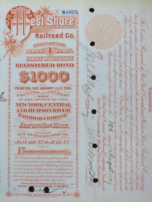 1927 West Shore Railroad Company, $1000 Bond Certificate M48621