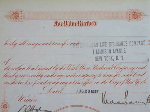 1927 West Shore Railroad Company, $1000 Bond Certificate M48621