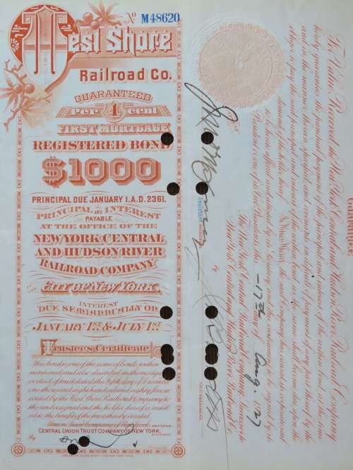 1927 West Shore Railroad Company, $1000 Bond Certificate M48620