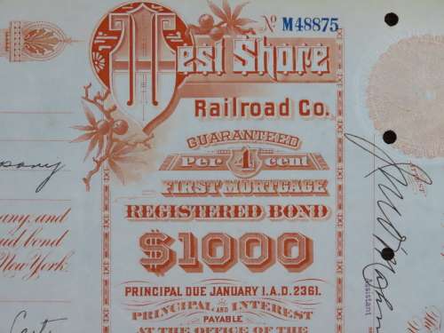1927 West Shore Railroad Company, $1000 Bond Certificate M48875