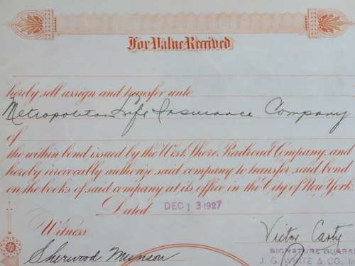 1927 West Shore Railroad Company, $1000 Bond Certificate M48875