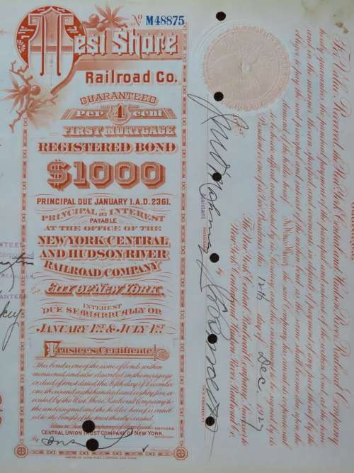 1927 West Shore Railroad Company, $1000 Bond Certificate M48875