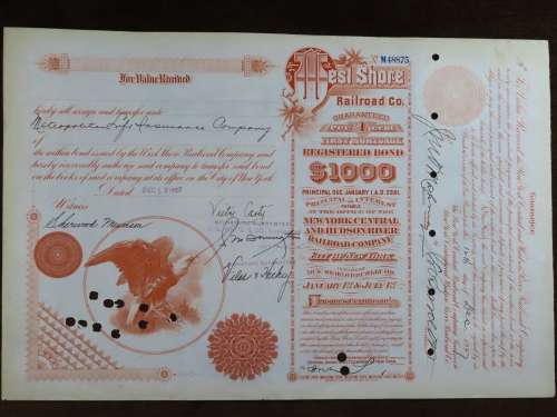 1927 West Shore Railroad Company, $1000 Bond Certificate M48875