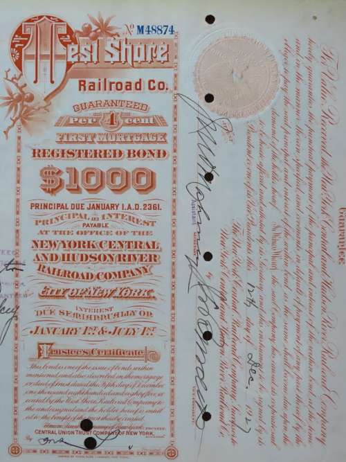 1927 West Shore Railroad Company, $1000 Bond Certificate M48874
