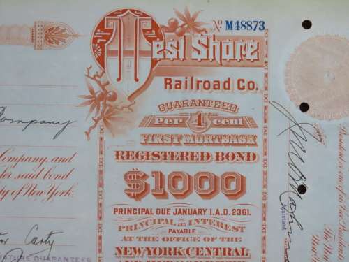 1927 West Shore Railroad Company, $1000 Bond Certificate M48873
