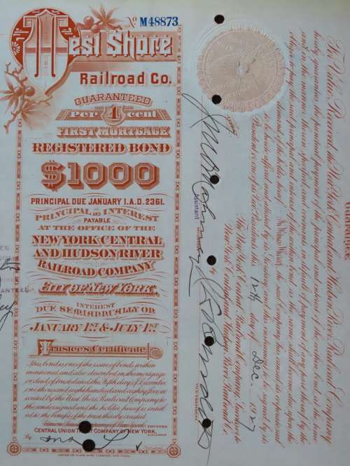 1927 West Shore Railroad Company, $1000 Bond Certificate M48873