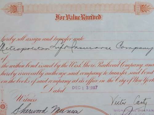 1927 West Shore Railroad Company, $1000 Bond Certificate M48873
