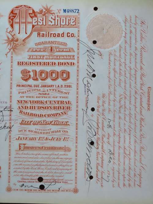 1927 West Shore Railroad Company, $1000 Bond Certificate M48872