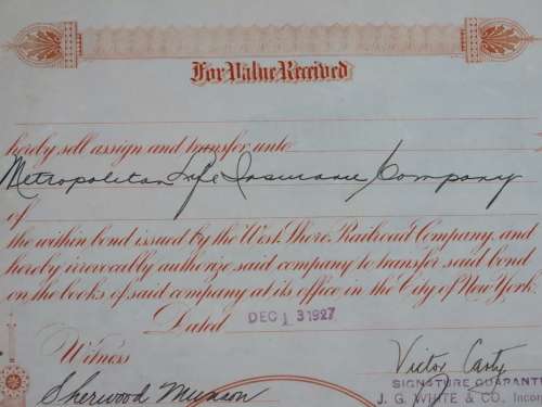 1927 West Shore Railroad Company, $1000 Bond Certificate M48872