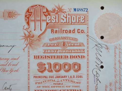 1927 West Shore Railroad Company, $1000 Bond Certificate M48872