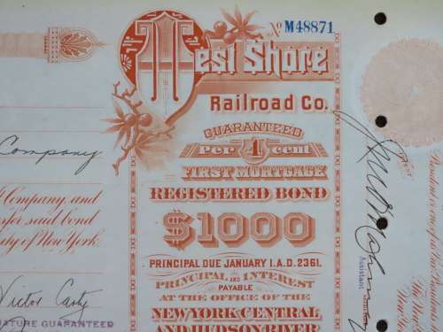 1927 West Shore Railroad Company, $1000 Bond Certificate M48871