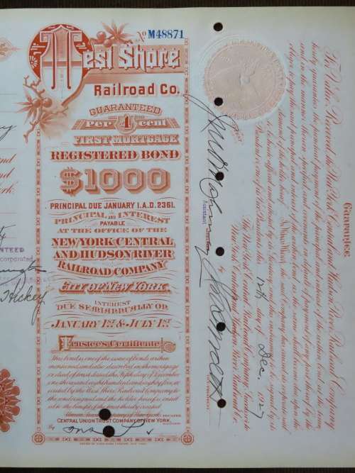1927 West Shore Railroad Company, $1000 Bond Certificate M48871