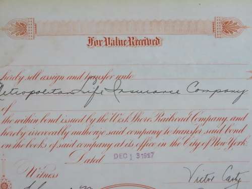 1927 West Shore Railroad Company, $1000 Bond Certificate M48871