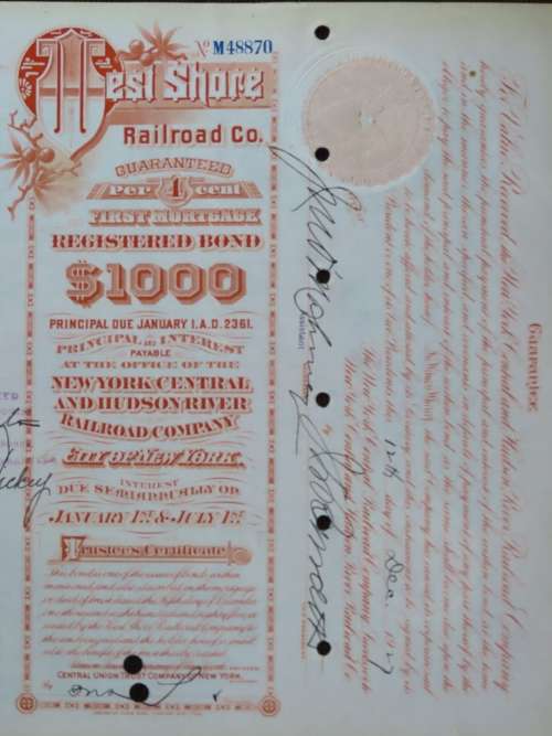 1927 West Shore Railroad Company, $1000 Bond Certificate M48870