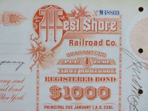 1927 West Shore Railroad Company, $1000 Bond Certificate M48869