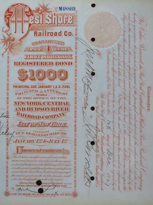 1927 West Shore Railroad Company, $1000 Bond Certificate M48869
