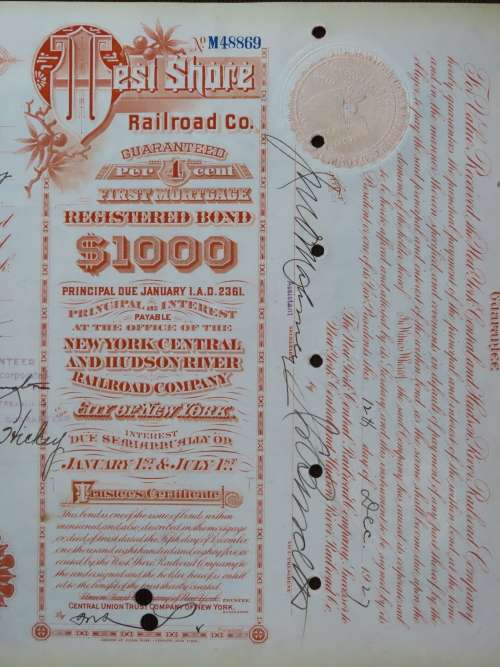 1927 West Shore Railroad Company, $1000 Bond Certificate M48869