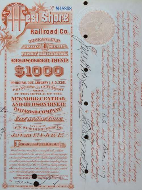 1927 West Shore Railroad Company, $1000 Bond Certificate M48868