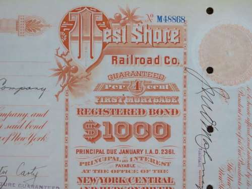 1927 West Shore Railroad Company, $1000 Bond Certificate M48868