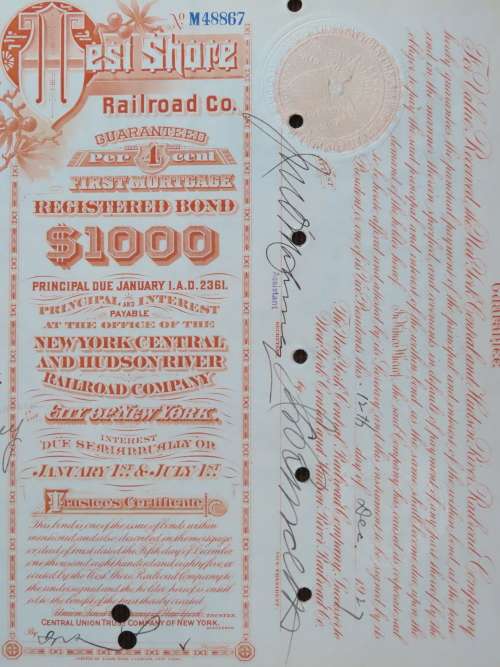 1927 West Shore Railroad Company, $1000 Bond Certificate M48867