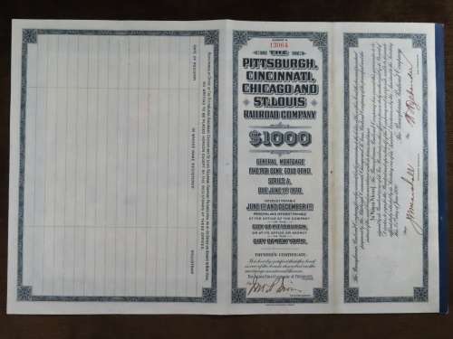 1920 Pittsburgh Cincinnati Chicago St Louis Railroad Company, $1000 Gold Bond Certificate 13064