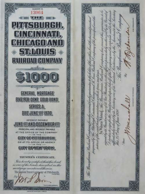 1920 Pittsburgh Cincinnati Chicago St Louis Railroad Company, $1000 Gold Bond Certificate 13064