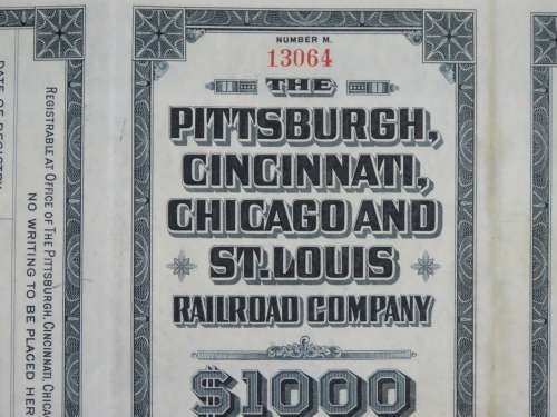 1920 Pittsburgh Cincinnati Chicago St Louis Railroad Company, $1000 Gold Bond Certificate 13064