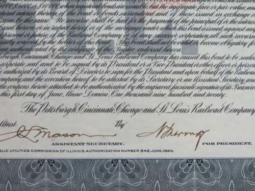 1920 Pittsburgh Cincinnati Chicago St Louis Railroad Company, $1000 Gold Bond Certificate 13064