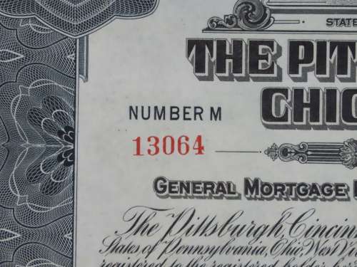 1920 Pittsburgh Cincinnati Chicago St Louis Railroad Company, $1000 Gold Bond Certificate 13064
