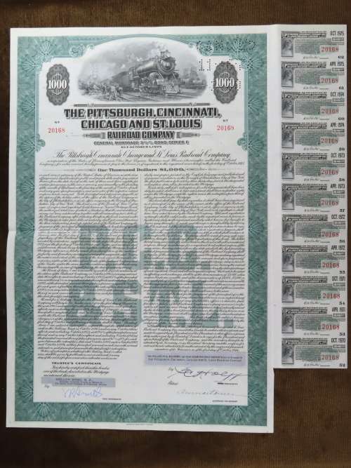 1944 Pittsburgh Cincinnati Chicago StLouis Railroad, $1000 Bond Certificate w/ Coupons 20168