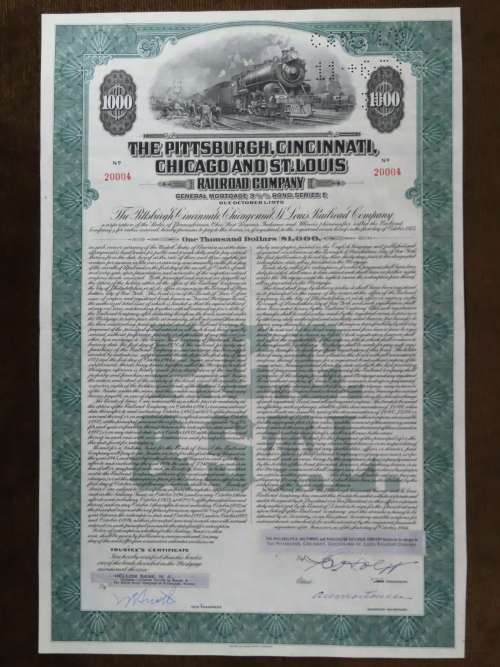1944 Pittsburgh Cincinnati Chicago StLouis Railroad, $1000 Bond Certificate 20004
