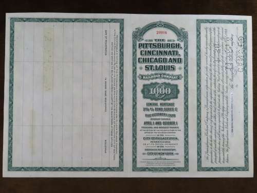 1944 Pittsburgh Cincinnati Chicago StLouis Railroad, $1000 Bond Certificate 20004
