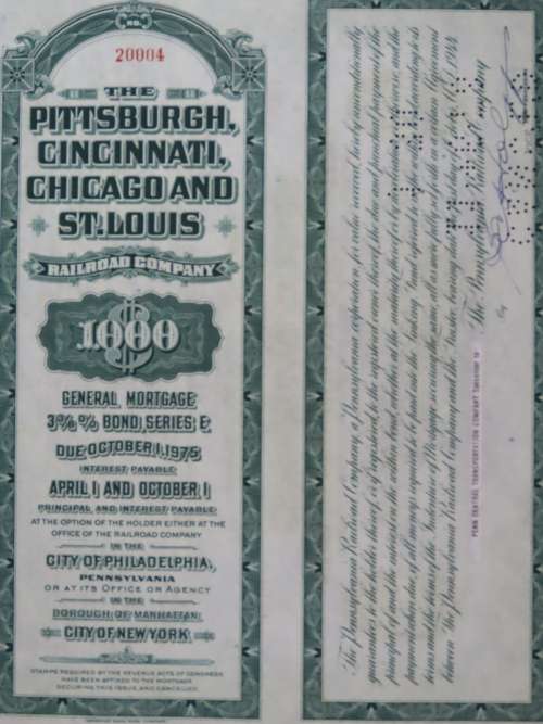 1944 Pittsburgh Cincinnati Chicago StLouis Railroad, $1000 Bond Certificate 20004