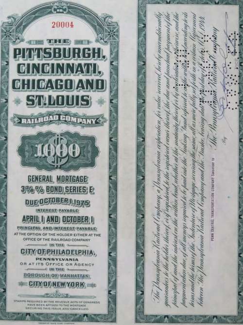 1944 Pittsburgh Cincinnati Chicago StLouis Railroad, $1000 Bond Certificate 20004