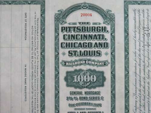 1944 Pittsburgh Cincinnati Chicago StLouis Railroad, $1000 Bond Certificate 20004