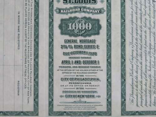1944 Pittsburgh Cincinnati Chicago StLouis Railroad, $1000 Bond Certificate 20004