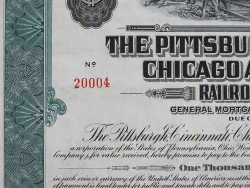 1944 Pittsburgh Cincinnati Chicago StLouis Railroad, $1000 Bond Certificate 20004