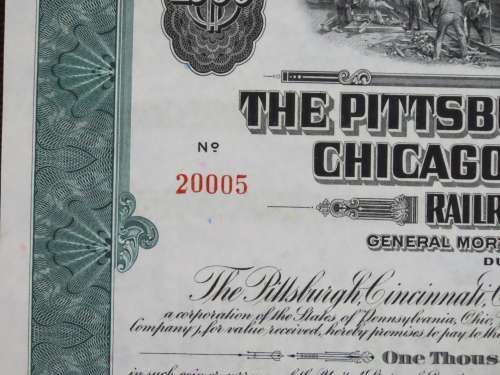 1944 Pittsburgh Cincinnati Chicago StLouis Railroad, $1000 Bond Certificate 20005