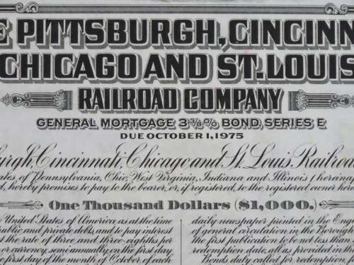 1944 Pittsburgh Cincinnati Chicago StLouis Railroad, $1000 Bond Certificate 20005
