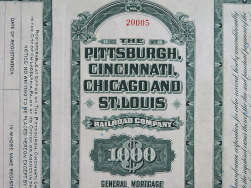 1944 Pittsburgh Cincinnati Chicago StLouis Railroad, $1000 Bond Certificate 20005