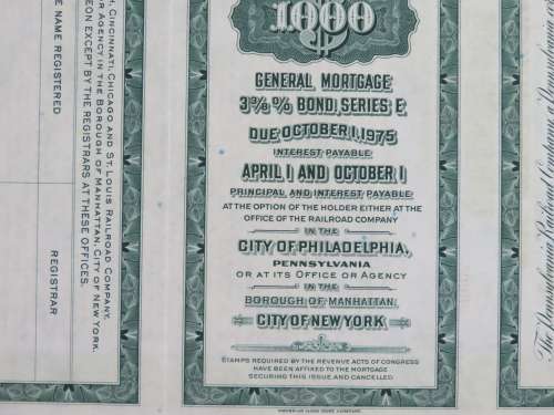 1944 Pittsburgh Cincinnati Chicago StLouis Railroad, $1000 Bond Certificate 20005