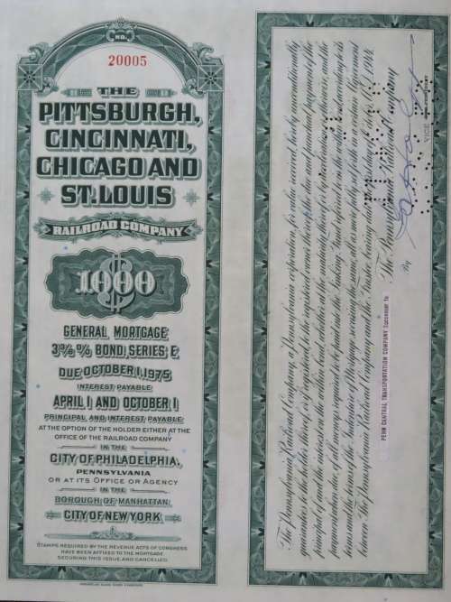 1944 Pittsburgh Cincinnati Chicago StLouis Railroad, $1000 Bond Certificate 20005