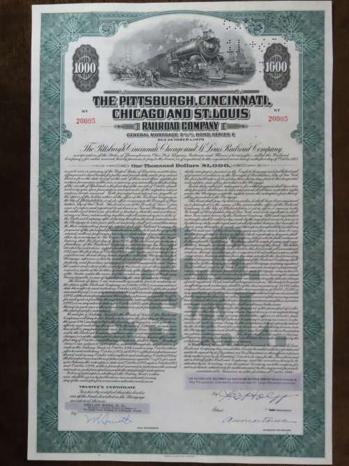 1944 Pittsburgh Cincinnati Chicago StLouis Railroad, $1000 Bond Certificate 20005