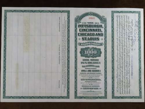 1944 Pittsburgh Cincinnati Chicago StLouis Railroad, $1000 Bond Certificate 20005