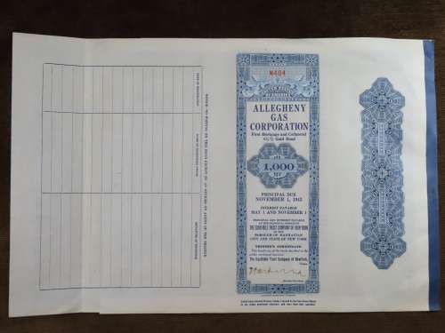 1928 Allegheny Gas Corporation, $1000 Gold Bond and Share Certificate 484